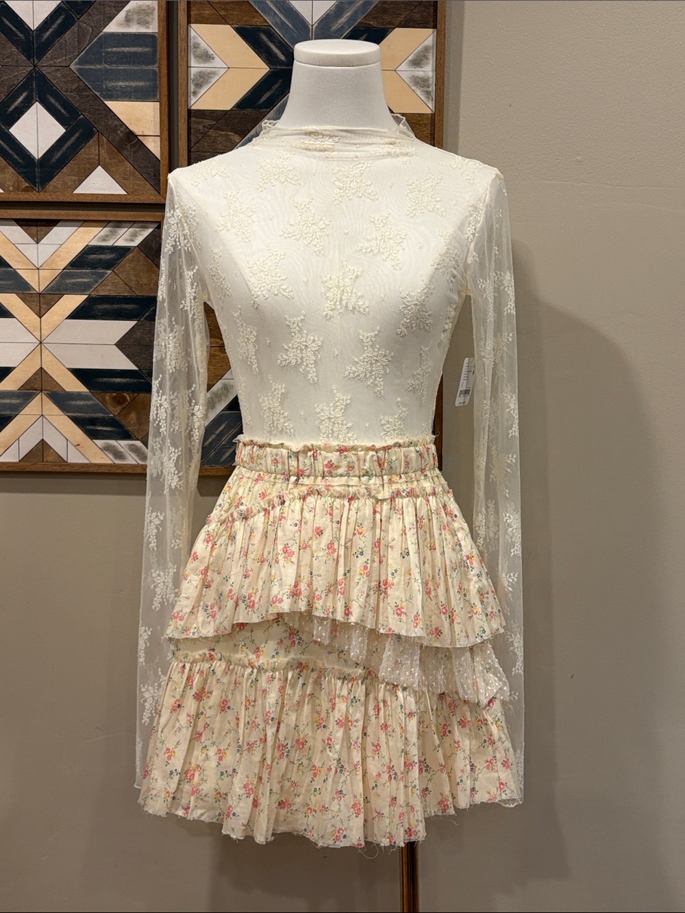 LoveShackFancy Genevieve Tiered Floral Lace Cottagecore Mini Skirt in Daffodil S